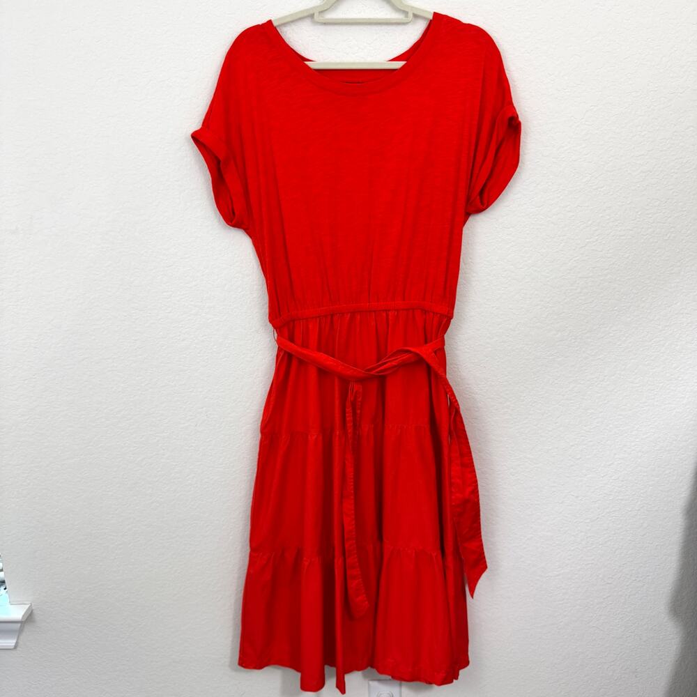 Talbots Womens Midi Dress Size M Tiered 100% Cotton Belted Mixed Fabric Orange